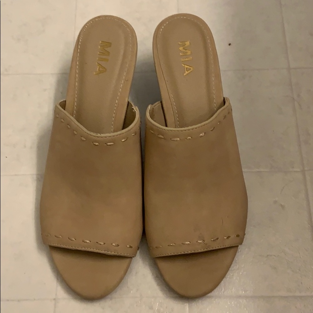 Tan Mia peep toe wedges. Size 9